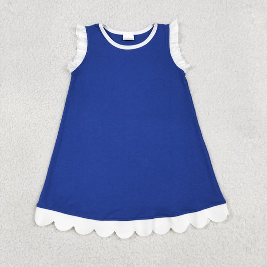 GSD4053 RTS NO MOQ （In stock）White scallop ruffle sleeveless blue girls cotton team dress