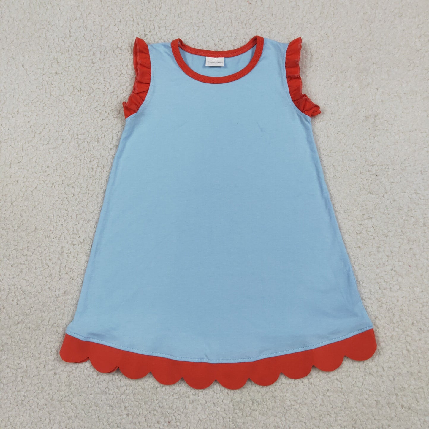 GSD4054 RTS NO MOQ （In stock）Scallop ruffle sleeveless light blue girls cotton dress
