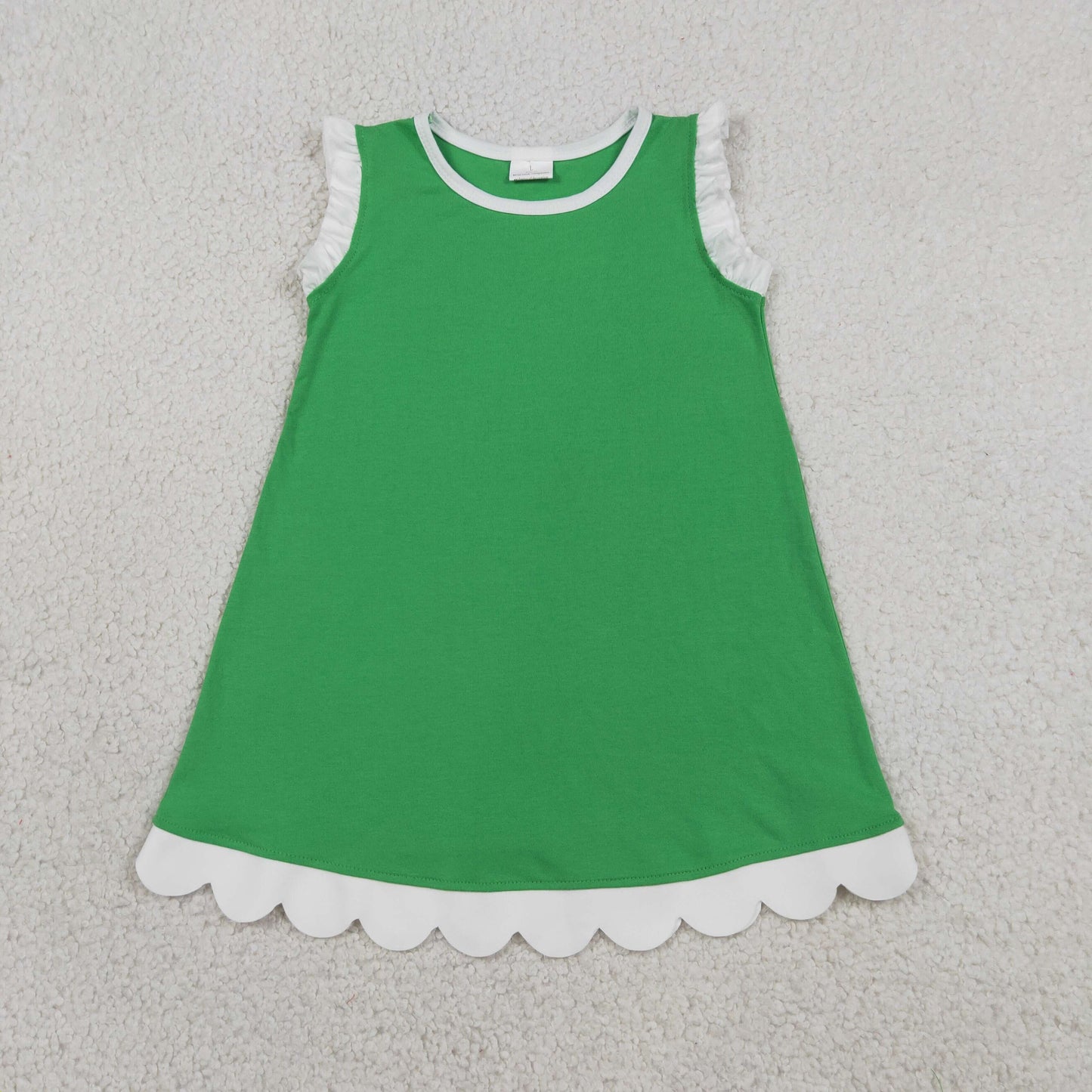 GSD4055 RTS NO MOQ （In stock）White scallop ruffle sleeveless green girls cotton dress