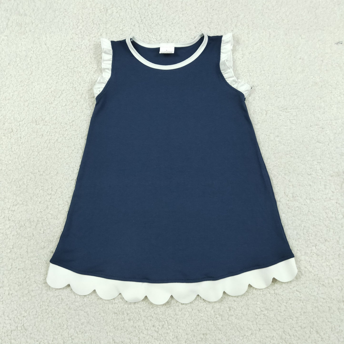 GSD4056 RTS NO MOQ （In stock）White scallop ruffle sleeveless navy girls cotton team dress