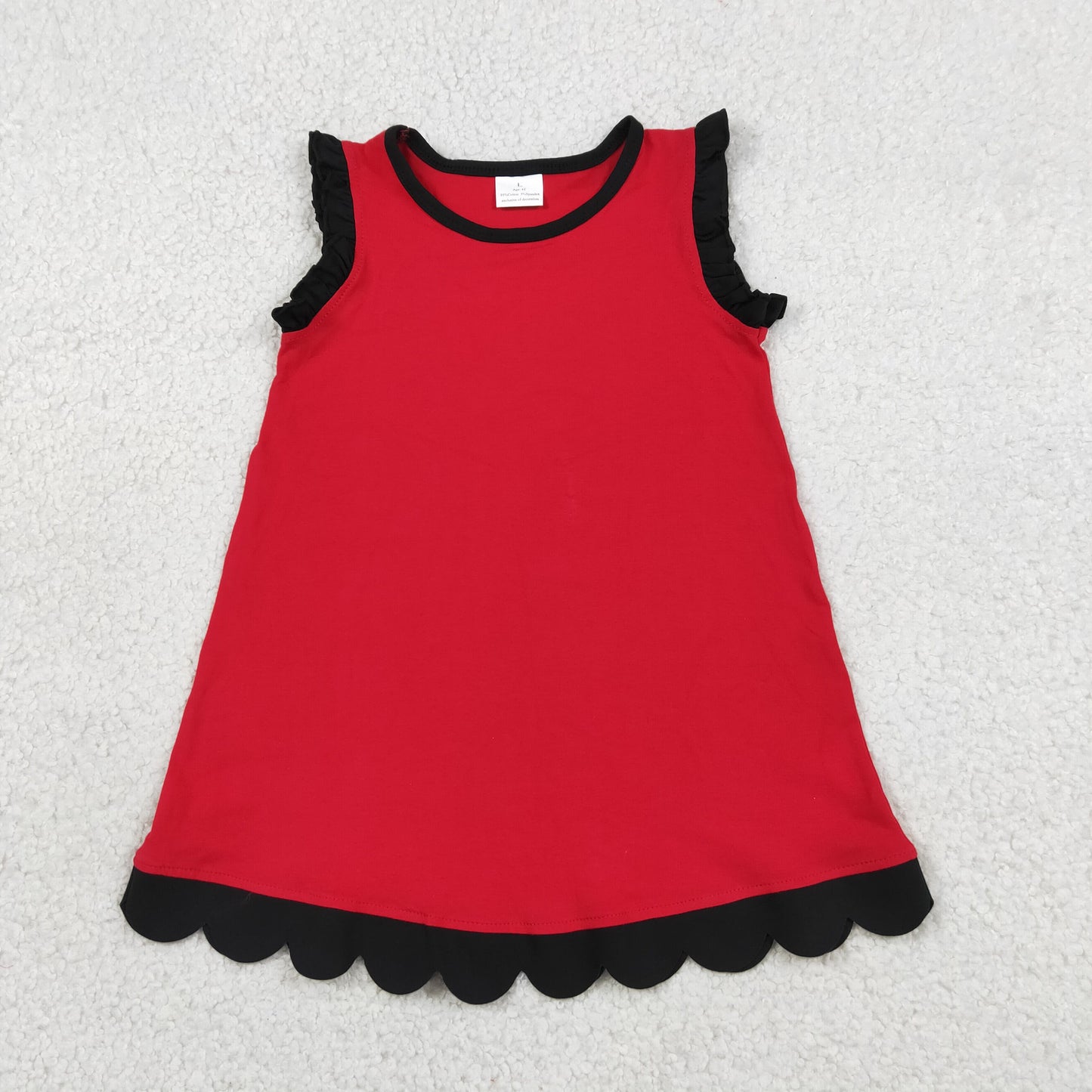 GSD4057 RTS NO MOQ （In stock）Black scallop ruffle sleeveless red girls cotton team dress