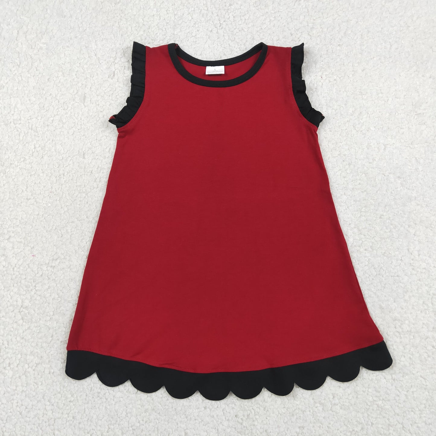 GSD4058 RTS NO MOQ （In stock）Black scallop ruffle sleeveless maroon girls cotton team dress