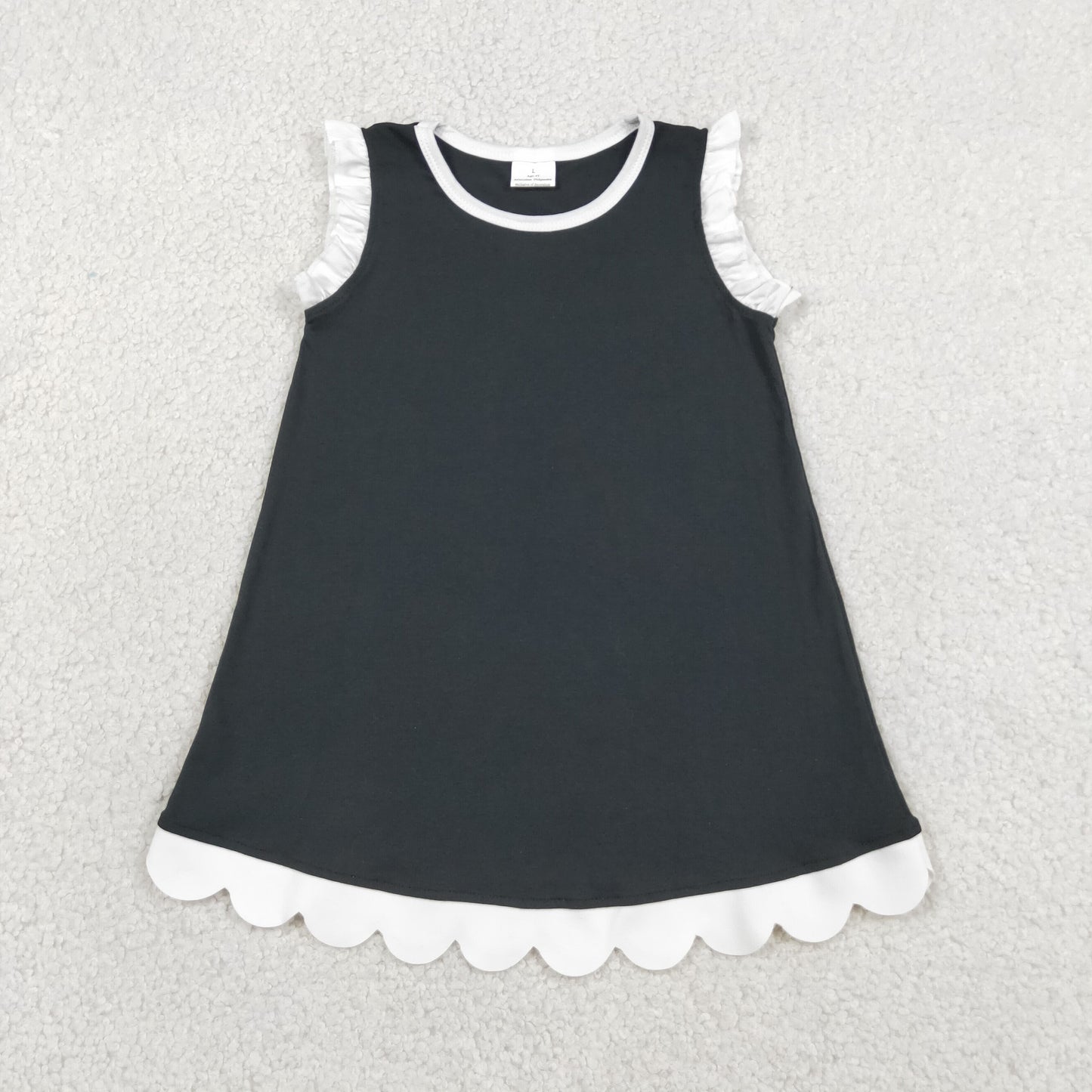 GSD4059 RTS NO MOQ （In stock）White scallop ruffle sleeveless black girls cotton dress