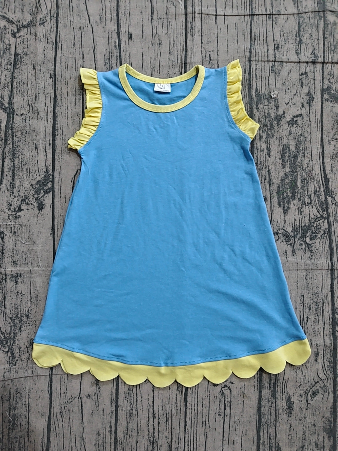 4.19 GSD4061 Sample No Moq Yellow scallop ruffle sleeveless blue girls cotton dress