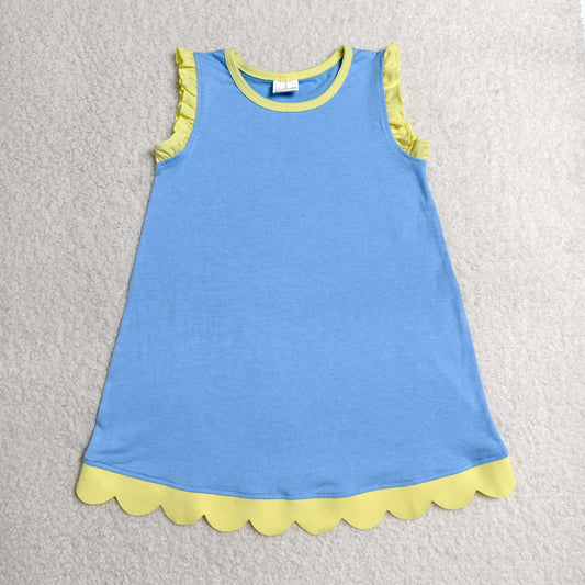 GSD4061 RTS NO MOQ （In stock）Yellow scallop ruffle sleeveless blue girls cotton dress