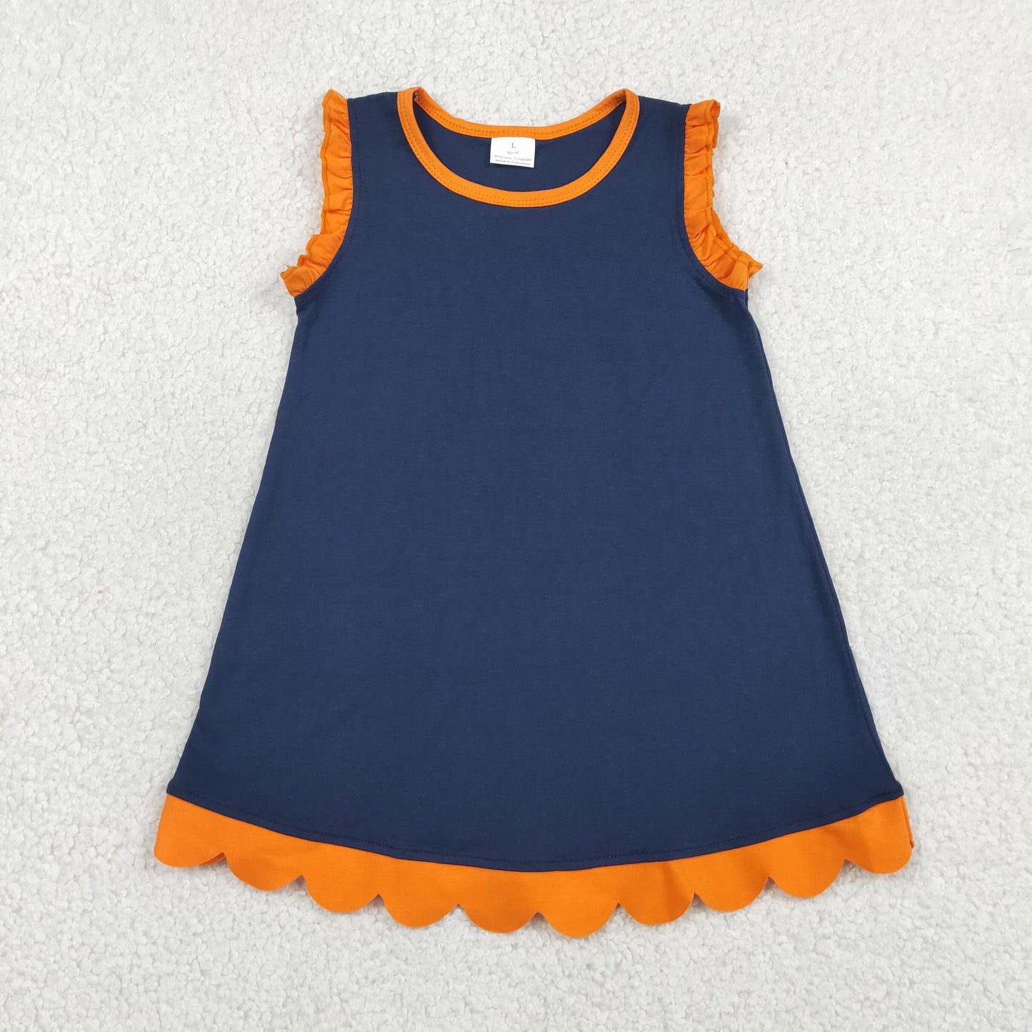 GSD4062 RTS NO MOQ （In stock）Orange scallop ruffle sleeveless navy girls cotton team dress