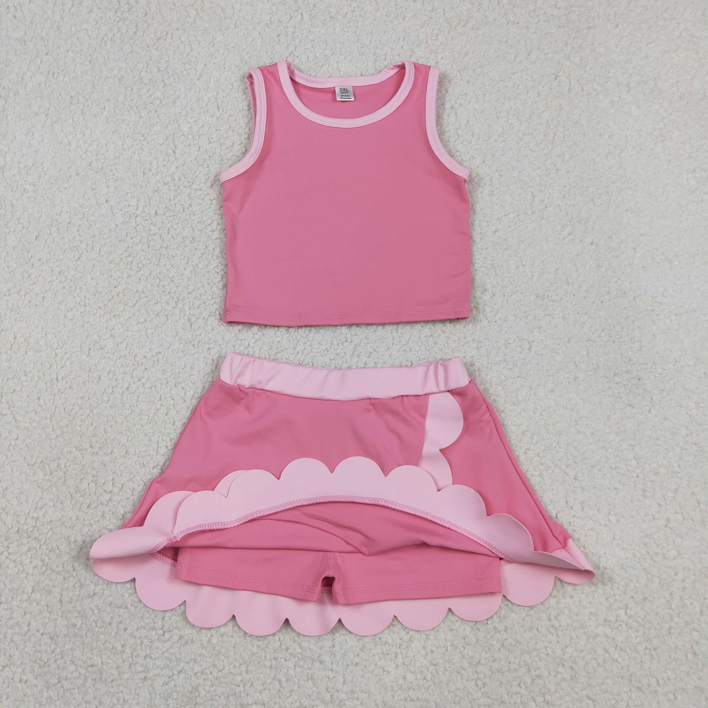GSD4063 RTS NO MOQ （In stock）Baby Girls Sleeveless Pink Vest Scallop Skirt Short Yoga Active Clothes Set