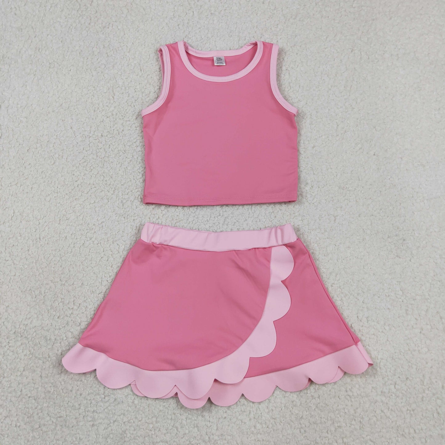 GSD4063 RTS NO MOQ （In stock）Baby Girls Sleeveless Pink Vest Scallop Skirt Short Yoga Active Clothes Set
