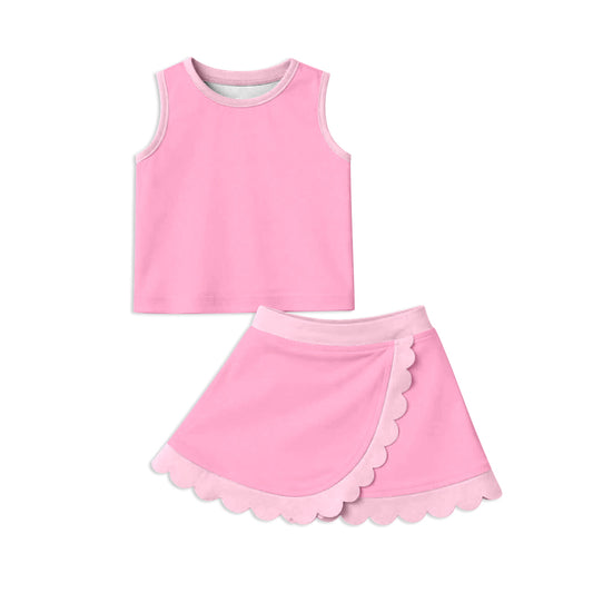 4.3 GSD4063 Pre order No Moq Baby Girls Sleeveless Pink Vest Scallop Skirt Short Yoga Active Clothes Set