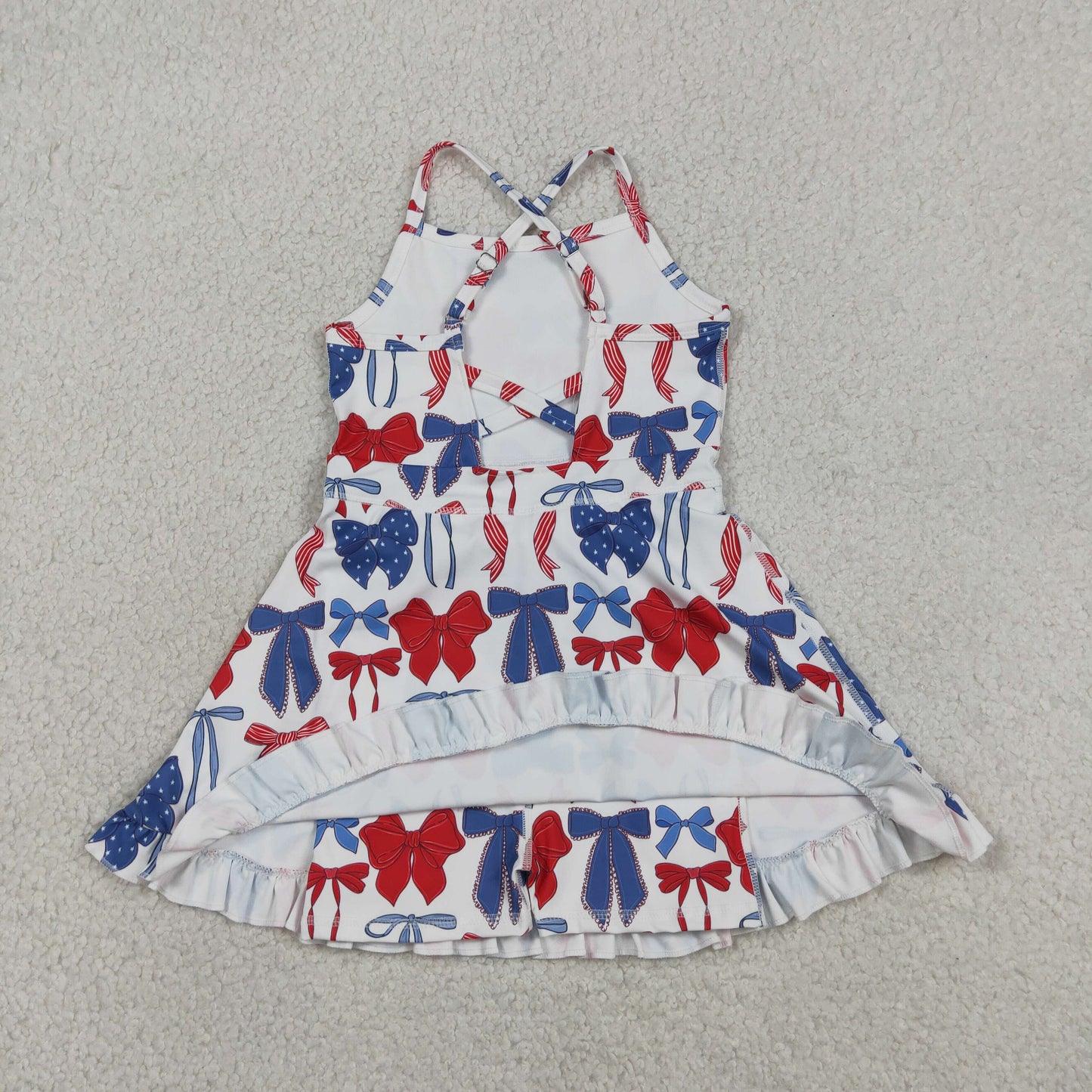 GSD4064 RTS NO MOQ （In stock ）Red blue bow ruffle kids girls 4th of july athletic dress
