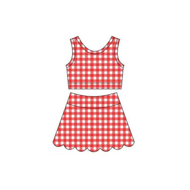 4.6 Pre order No Moq Baby Girls Checked Vest Scallop Skirt Short Yoga Active Clothes Set