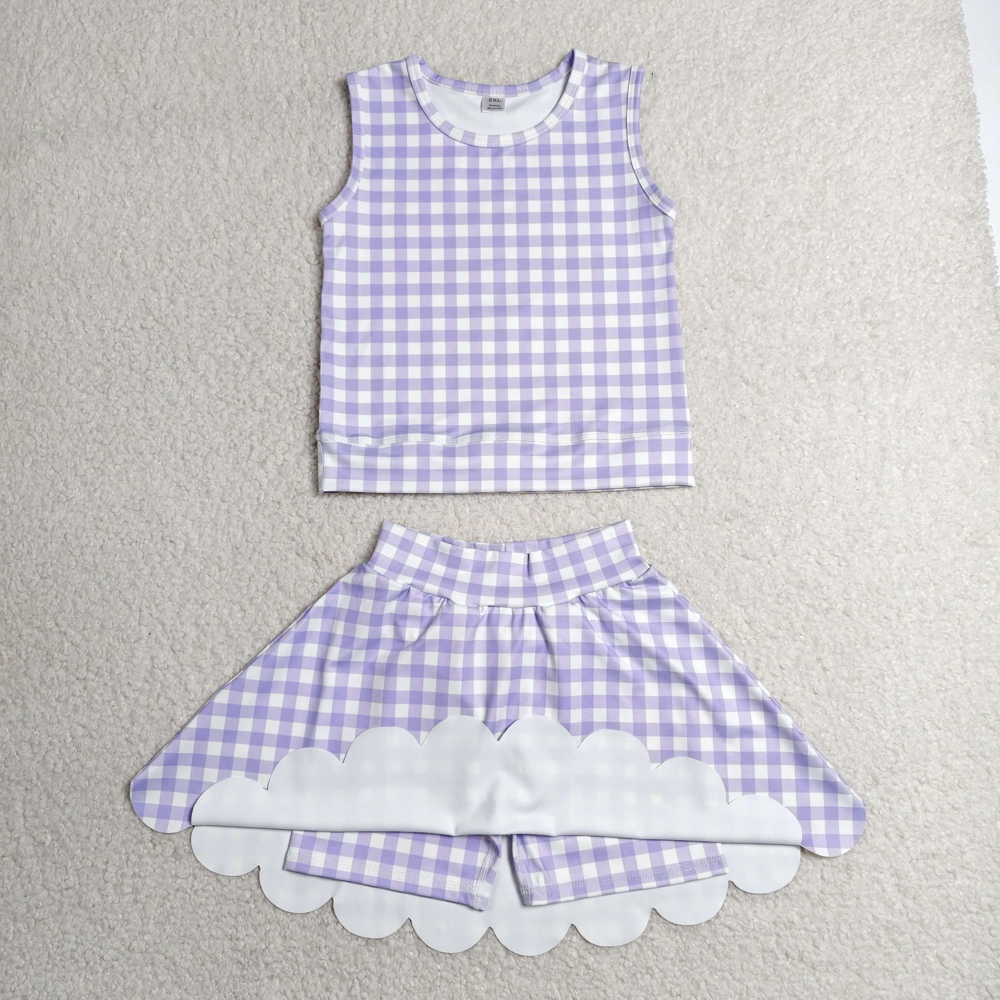 GSD4067 RTS NO MOQ （In stock）Baby Girls Lavender Checked Vest Scallop Skirt Short Yoga Active Clothes Set