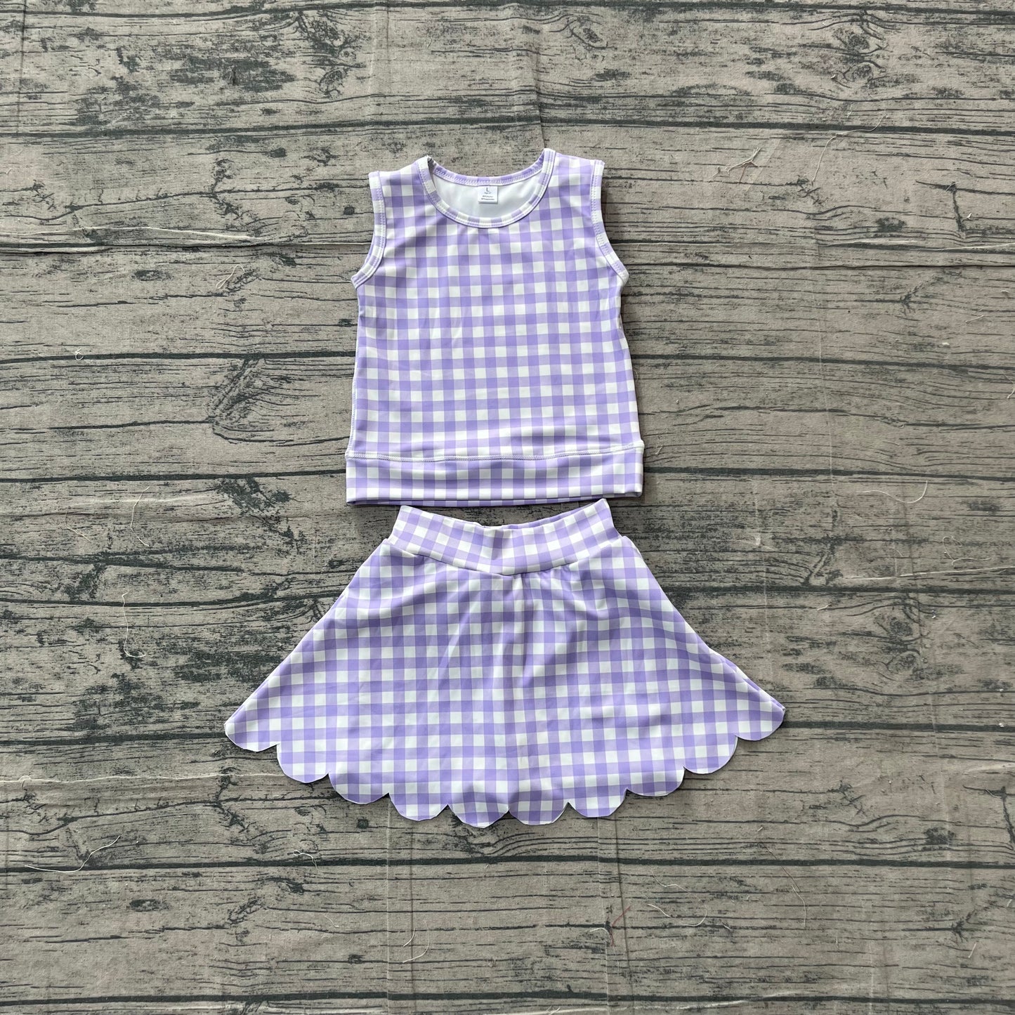 5.4 GSD4067 Sample No Moq Baby Girls Lavender Checked Vest Scallop Skirt Short Yoga Active Clothes Set