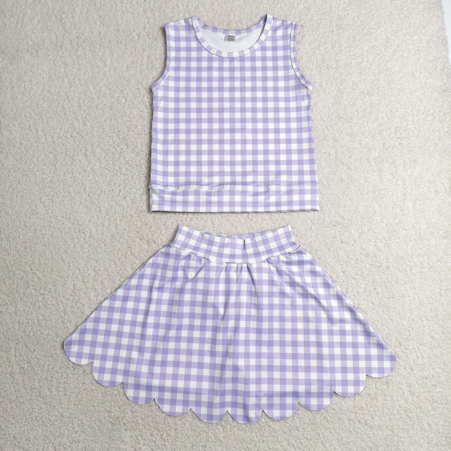 GSD4067 RTS NO MOQ （In stock）Baby Girls Lavender Checked Vest Scallop Skirt Short Yoga Active Clothes Set