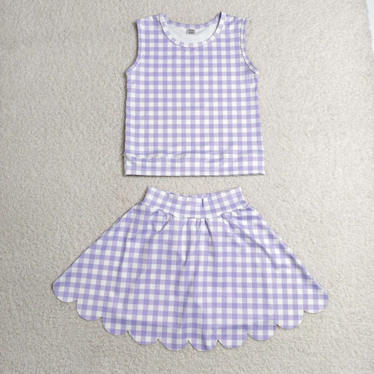 GSD4067 RTS NO MOQ （In stock）Baby Girls Lavender Checked Vest Scallop Skirt Short Yoga Active Clothes Set