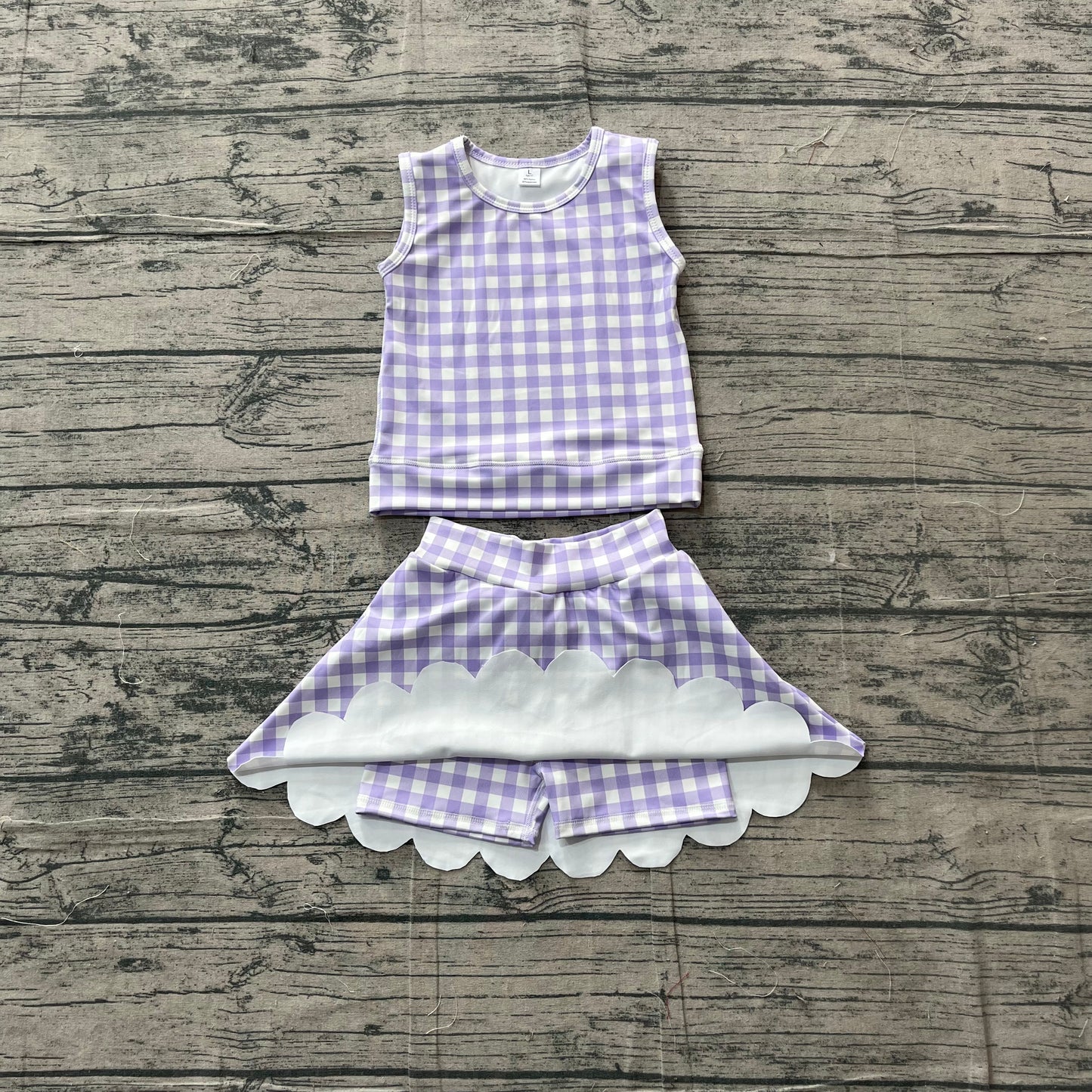 5.4 GSD4067 Sample No Moq Baby Girls Lavender Checked Vest Scallop Skirt Short Yoga Active Clothes Set