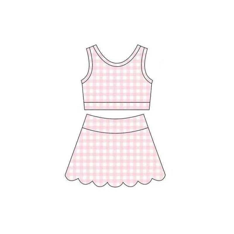4.6 Pre order No Moq Baby Girls Checked Vest Scallop Skirt Short Yoga Active Clothes Set