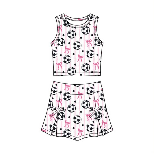 4.9 GSD4078 Pre order No Moq Baby Girls Pink Stripe Bows Footballs Vest Skirt Short Team Yoga Active Clothes Set