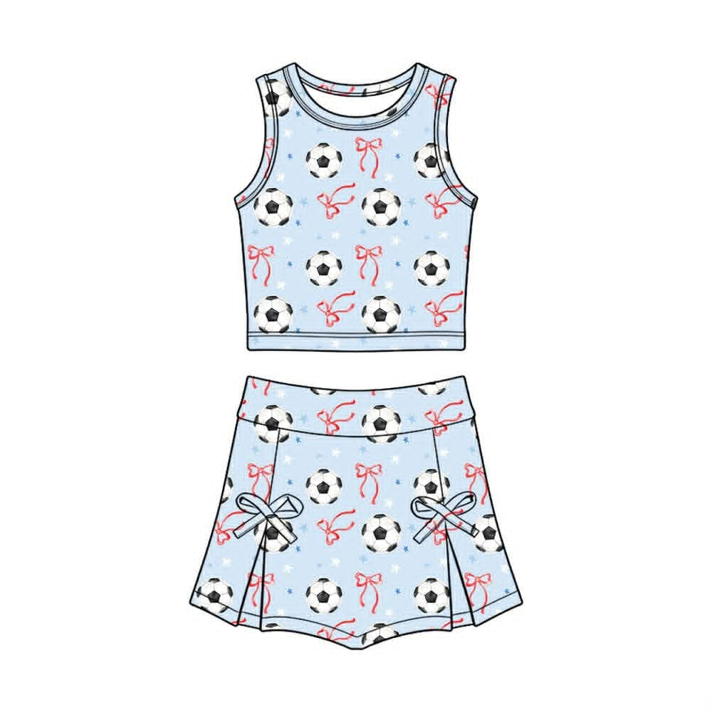 4.9 GSD4079 Pre order No Moq Baby Girls Blue Stars Bows Footballs Vest Skirt Short Team Yoga Active Clothes Set