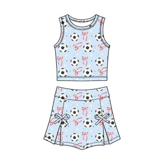 4.9 GSD4079 Pre order No Moq Baby Girls Blue Stars Bows Footballs Vest Skirt Short Team Yoga Active Clothes Set