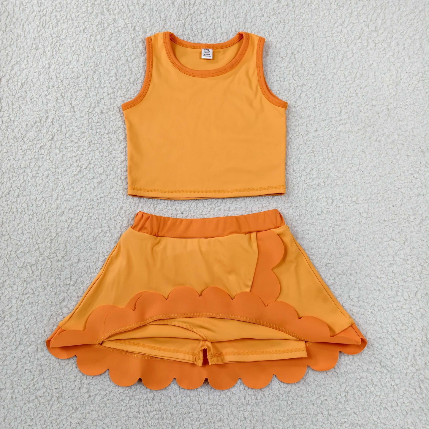 GSD4081 RTS NO MOQ （In stock）Sleeveless yellow dog scallop girls summer active wear set