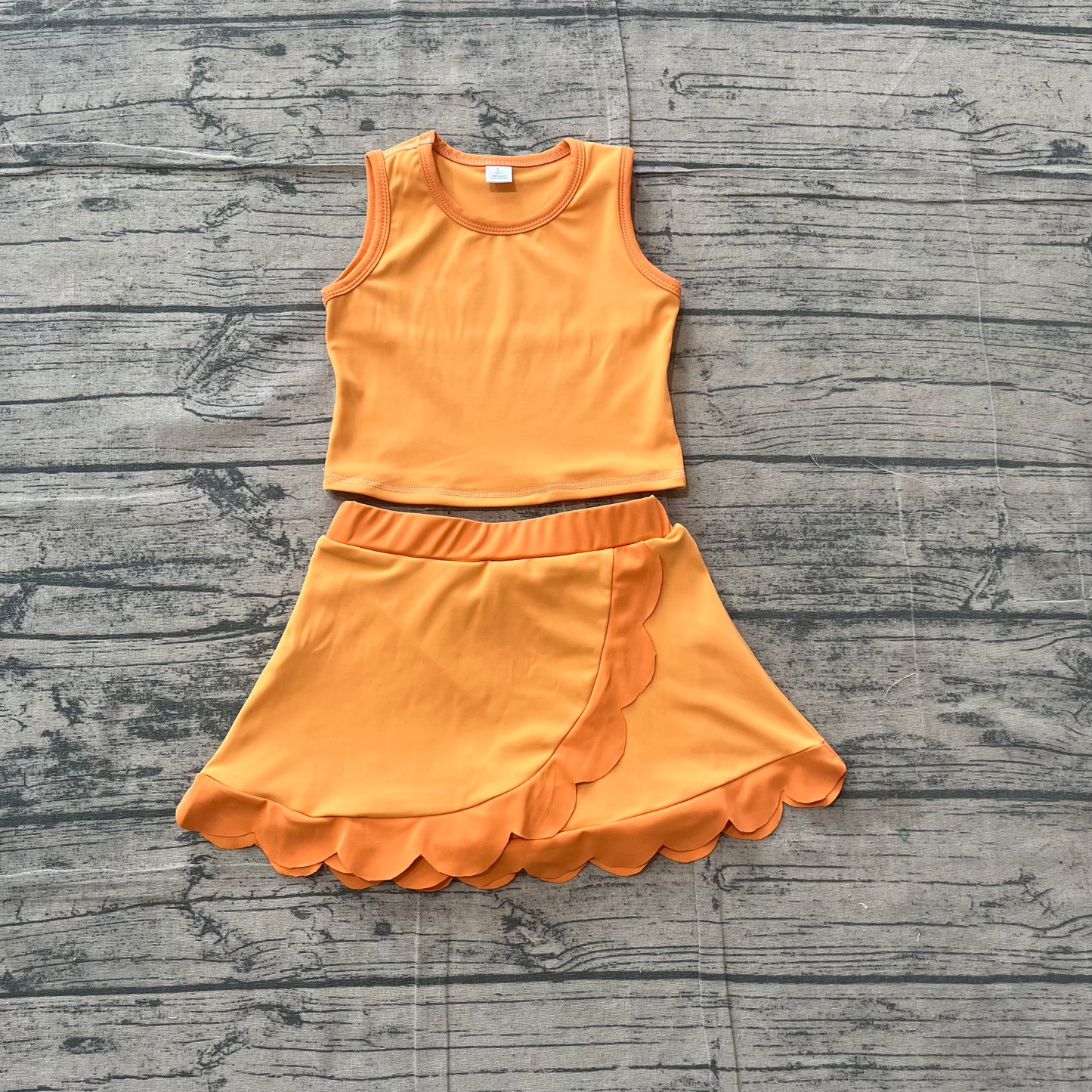 5.5 GSD4081 Sample No Moq Baby Girls Orange Vest Scallop Skirt Short Yoga Active Clothes Set