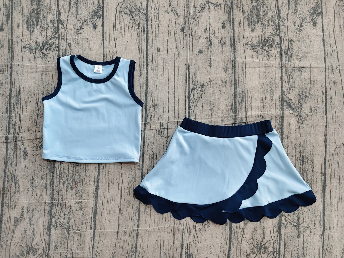 4.30 GSD4082 Sample No Moq Sleeveless blue dog scallop girls summer active wear set
