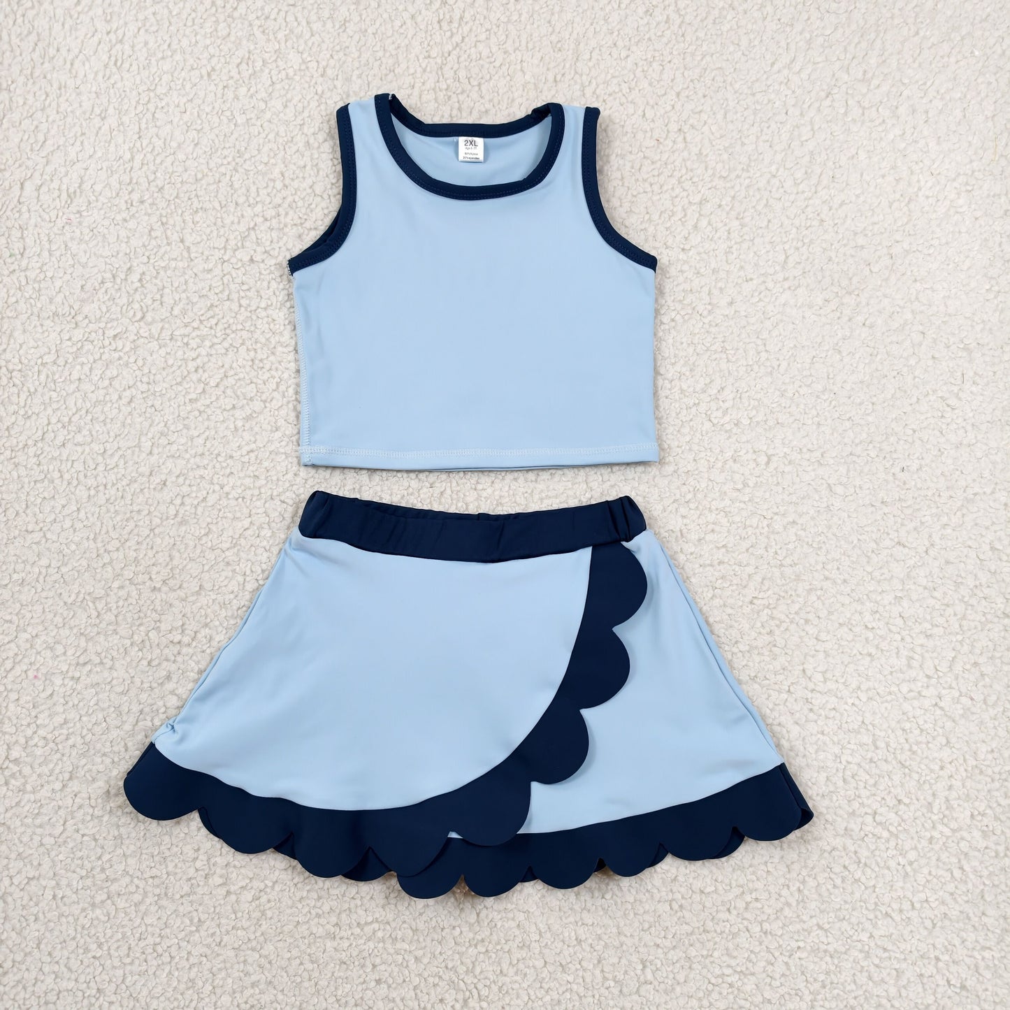 GSD4082 RTS NO MOQ （In stock）Sleeveless blue dog scallop girls summer active wear set