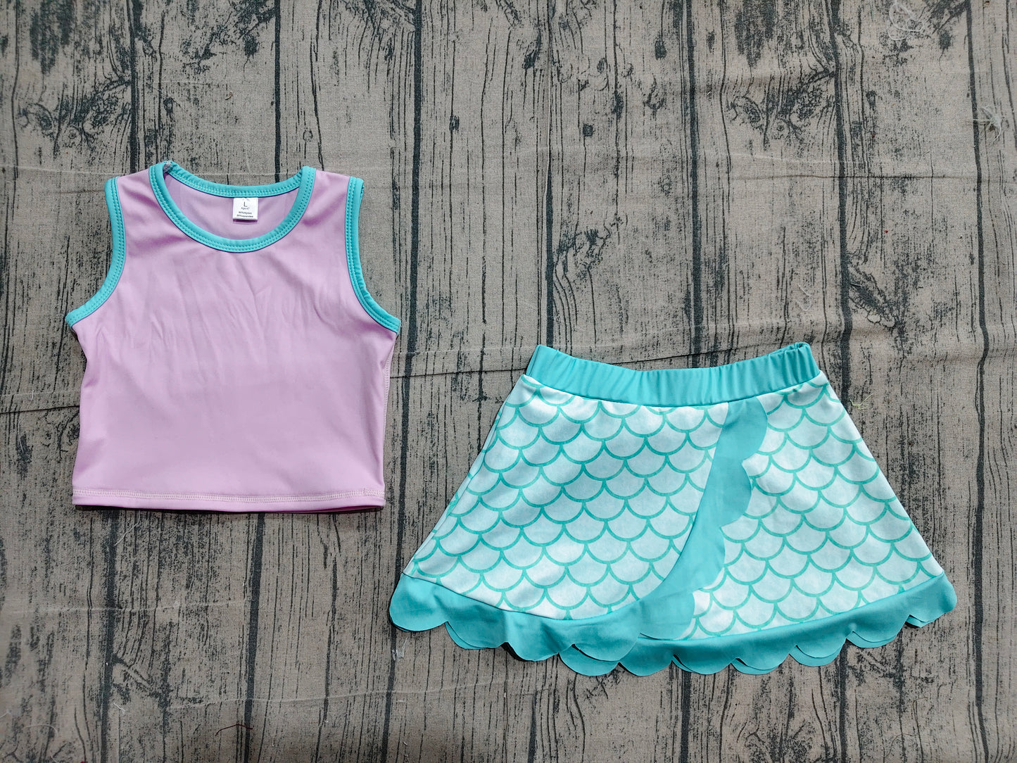 4.23 GSD4083 Sample No Moq Baby Girls Lavender Aqua Mermaid Vest Scallop Skirt Short Yoga Active Clothes Set