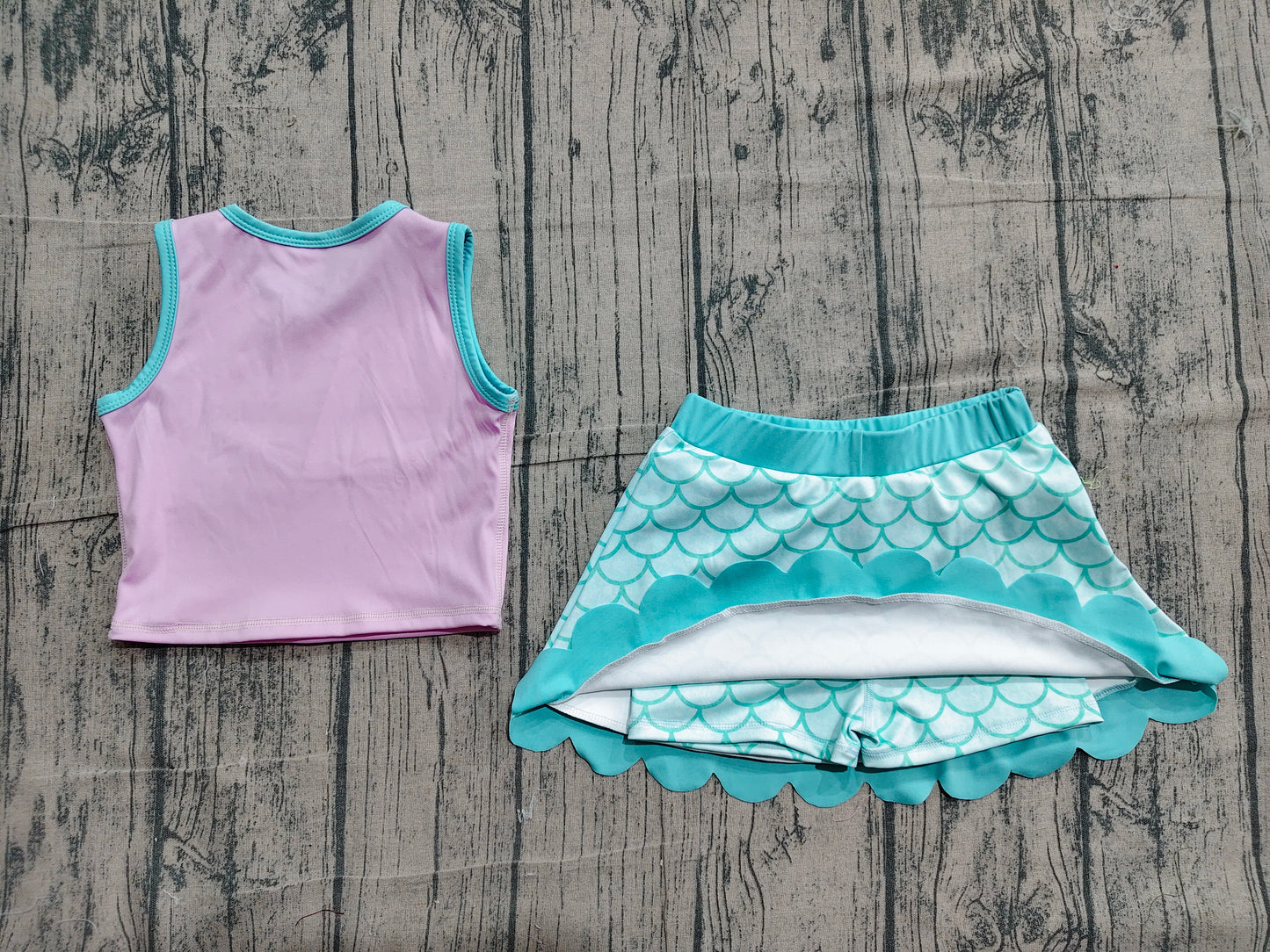 4.23 GSD4083 Sample No Moq Baby Girls Lavender Aqua Mermaid Vest Scallop Skirt Short Yoga Active Clothes Set