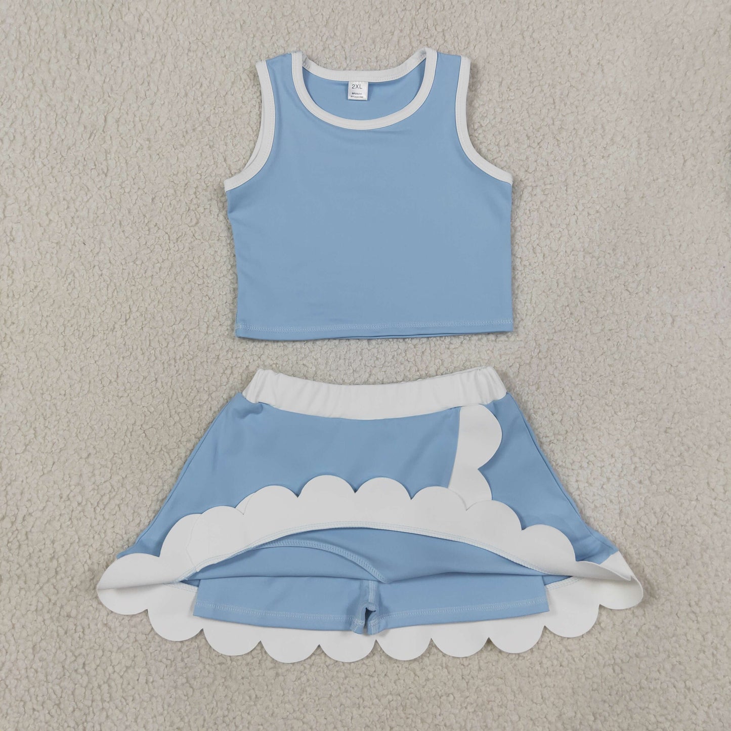 GSD4084 RTS NO MOQ （In stock）Light blue scallop princess girls summer active wear set