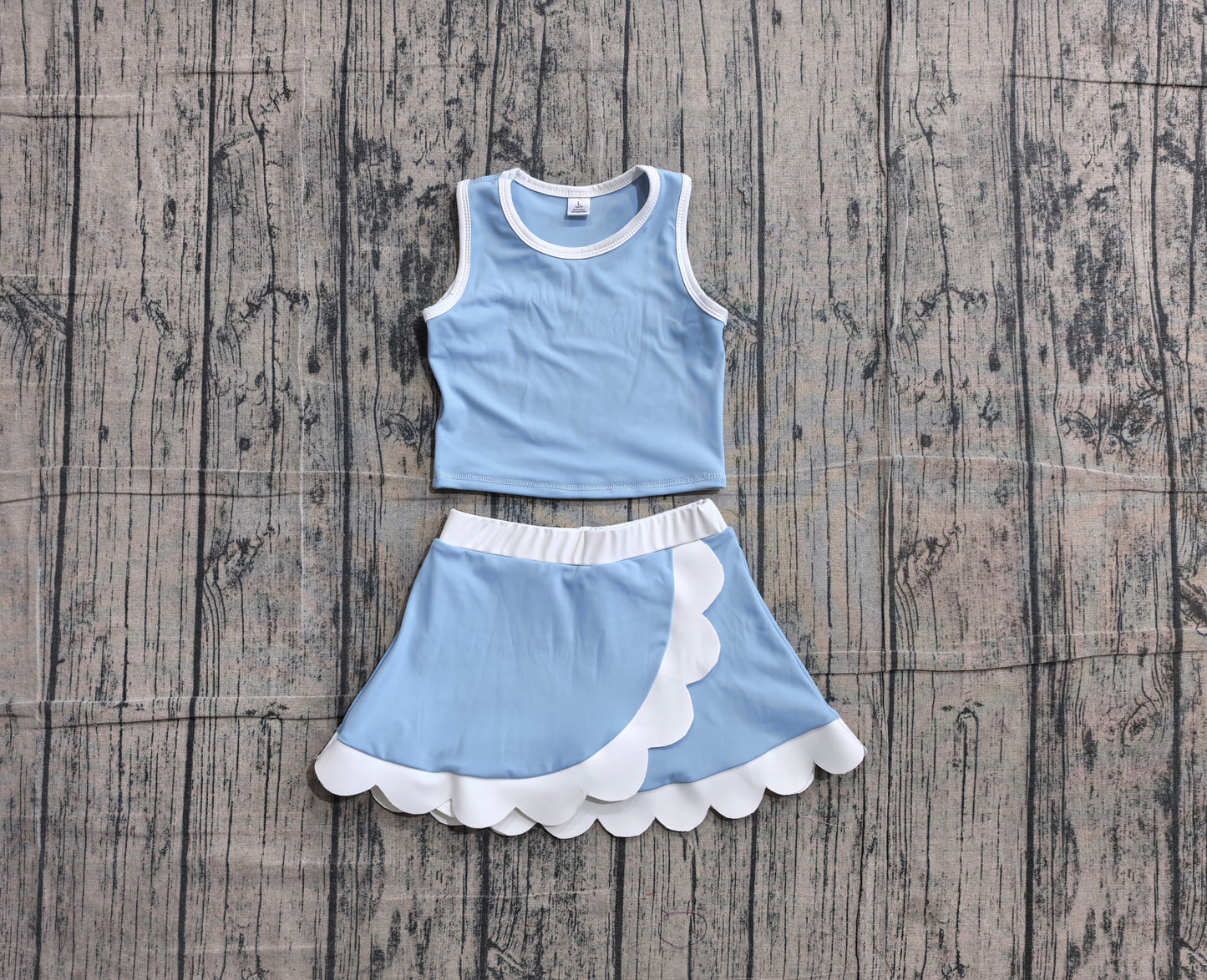 6.1 GSD4084 Sample No Moq Light blue scallop princess girls summer active wear set