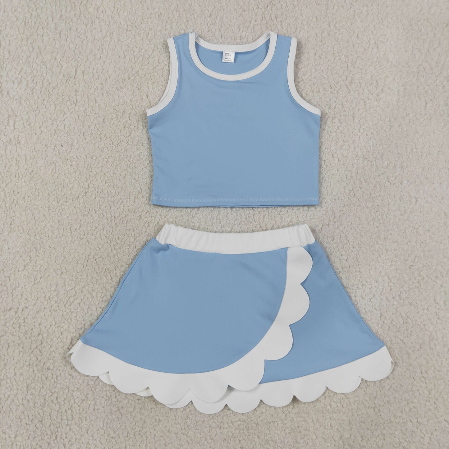 RTS Sibling yoga fabric Baby Girls Scallop Trim Crop Top Skort Two Piece Yoga Active Summer Outfit Set