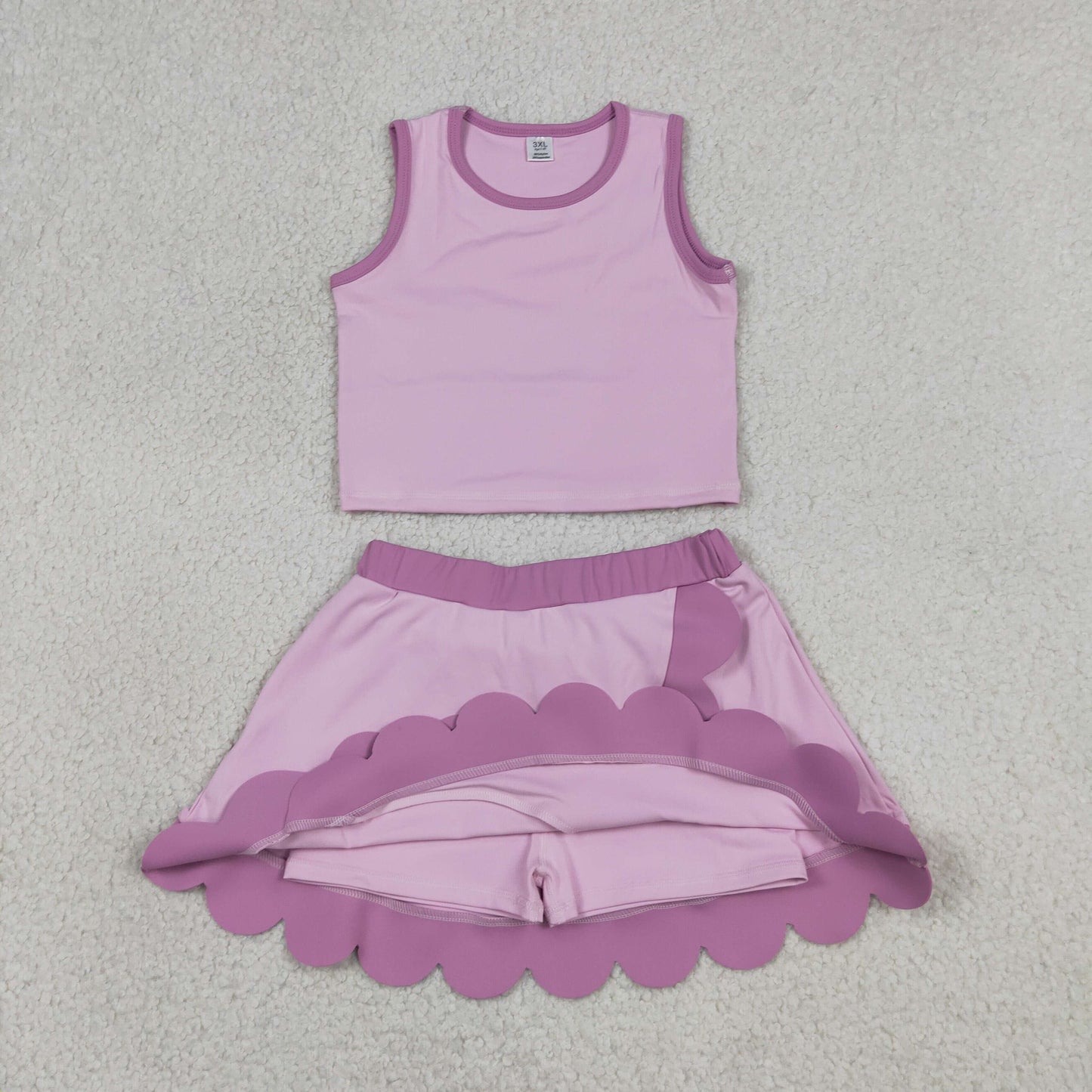 GSD4085  RTS NO MOQ （In stock）Baby Girls Pink Vest Scallop Skirt Short Yoga Active Clothes Set