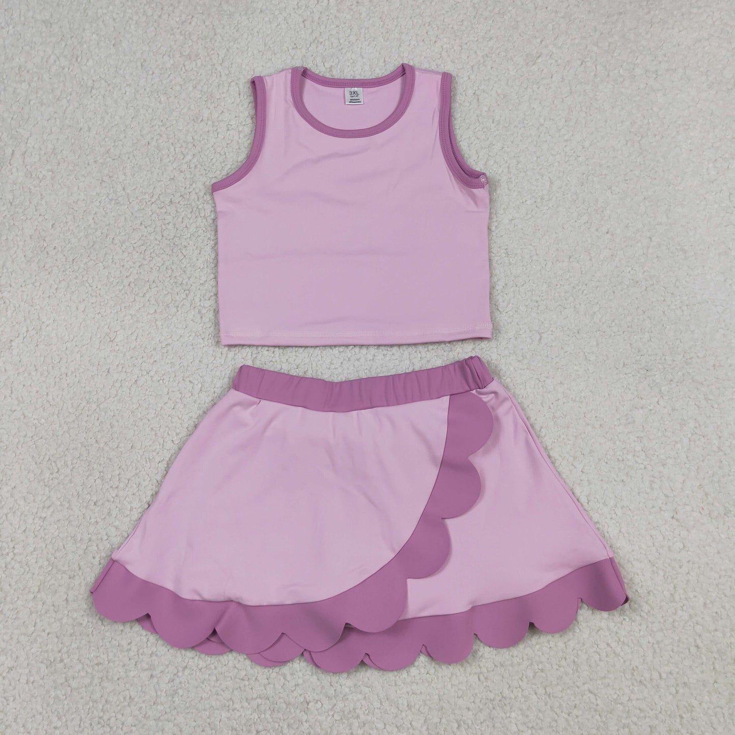 GSD4085 RTS NO MOQ （In stock）Pink scallop princess girls summer active wear set