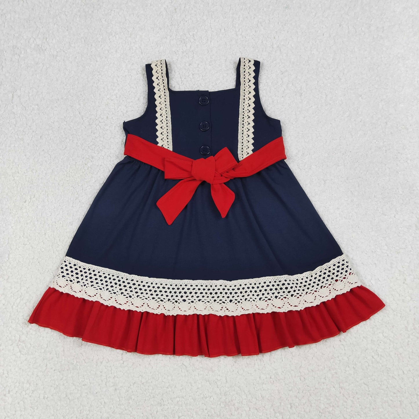 4.11 GSD4087 RTS NO MOQ （In stock ）Baby Girls Sleeveless Embroidery Flags 4th of July Belt Ruffle Knee Length Dresses