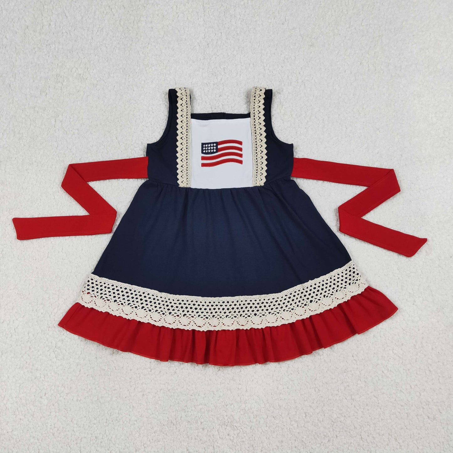 4.11 GSD4087 RTS NO MOQ （In stock ）Baby Girls Sleeveless Embroidery Flags 4th of July Belt Ruffle Knee Length Dresses