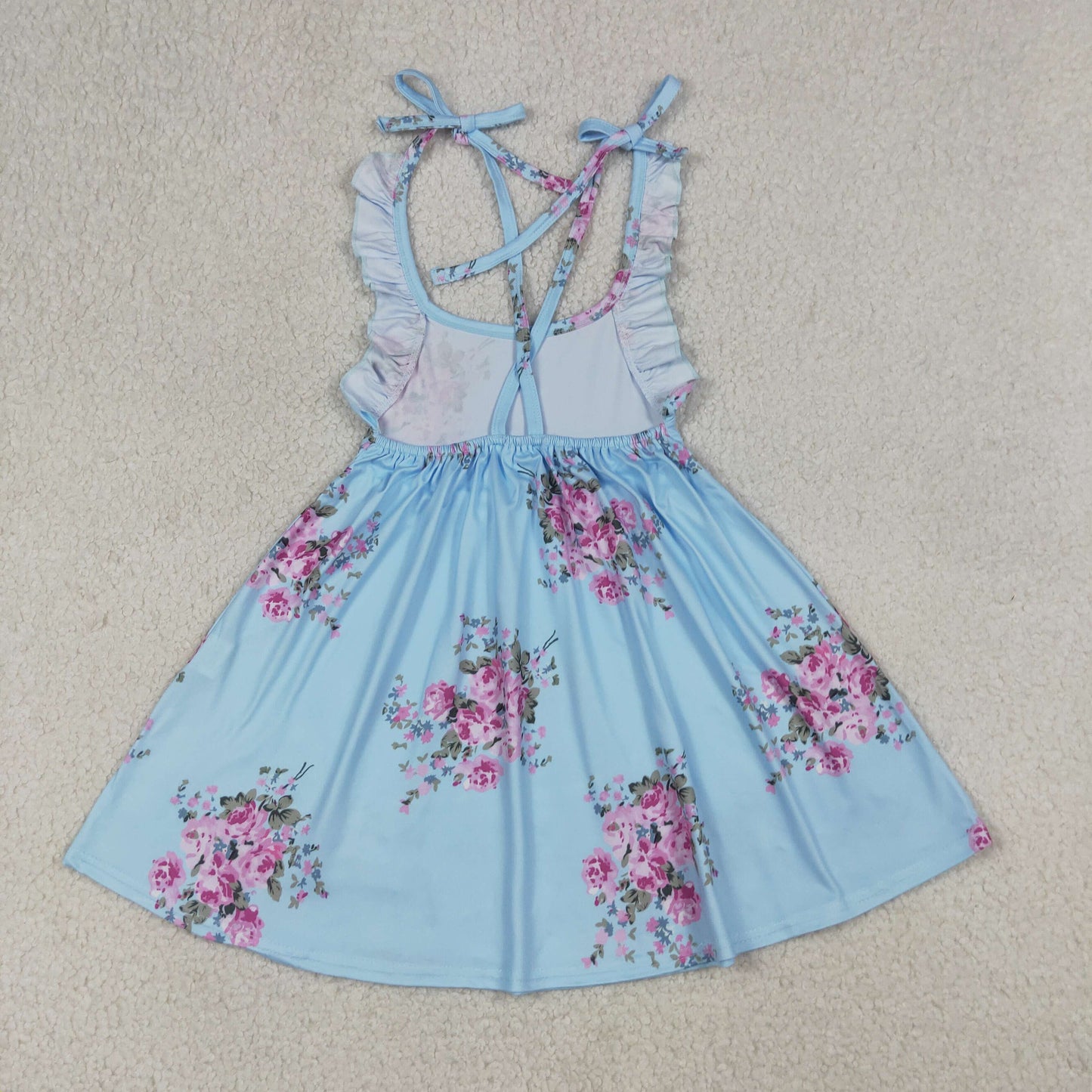 4.11 GSD4088 RTS NO MOQ （In stock ）Baby Girls Blue Strap Flowers Knee Length Dresses