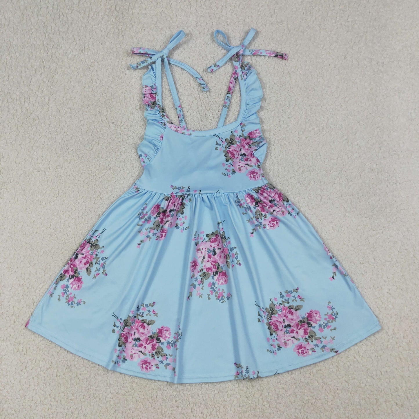 4.11 GSD4088 RTS NO MOQ （In stock ）Baby Girls Blue Strap Flowers Knee Length Dresses