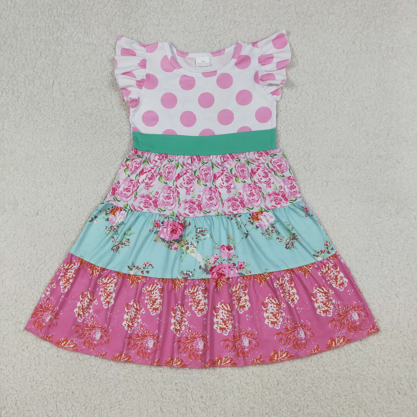 4.11 GSD4089 RTS NO MOQ （In stock ）Baby Girls Flutter Sleeve Flowers Patchwork Knee Length Dresses