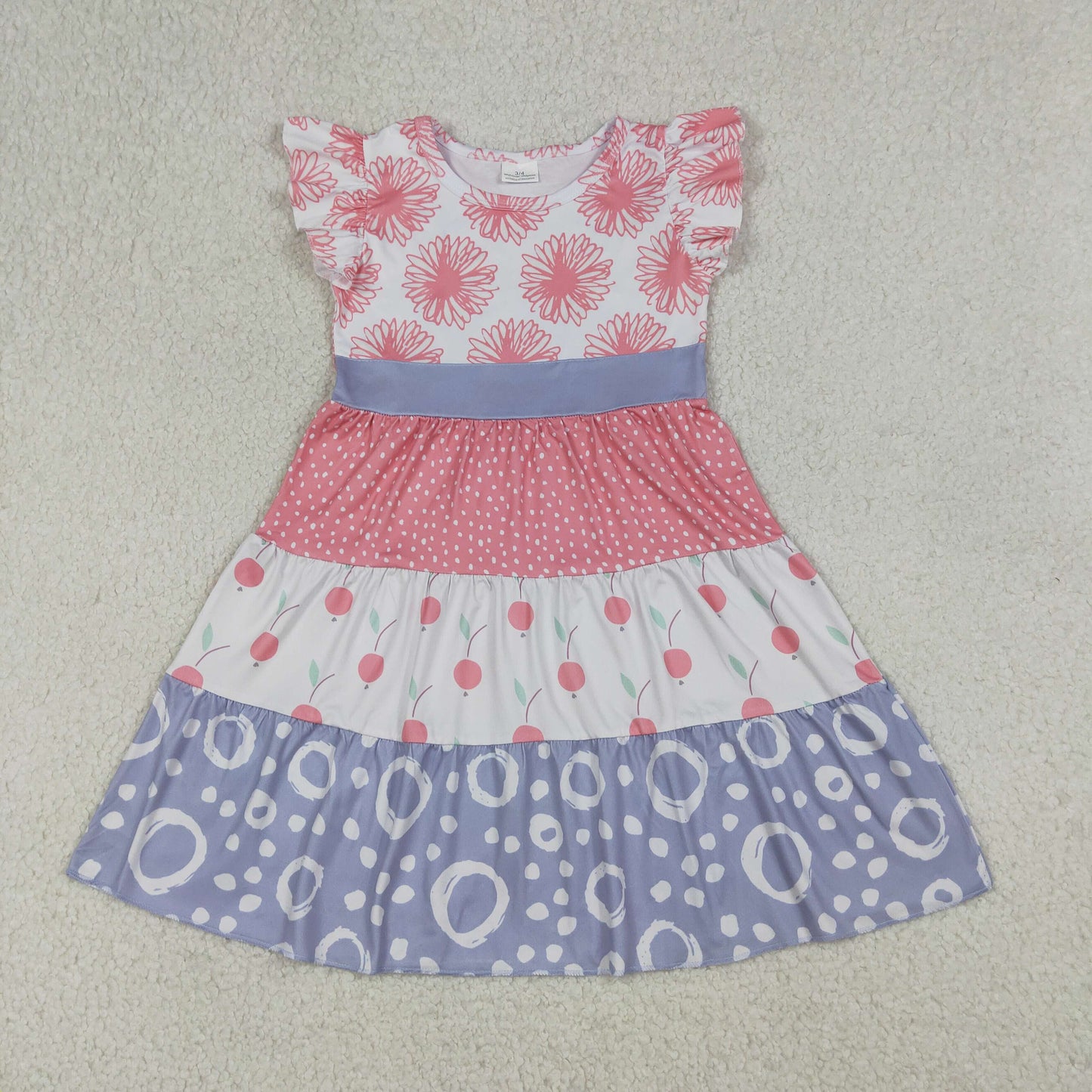 4.11 GSD4090 RTS NO MOQ （In stock ）Baby Girls Flutter Sleeve Daisy Peaches Patchwork Knee Length Dresses