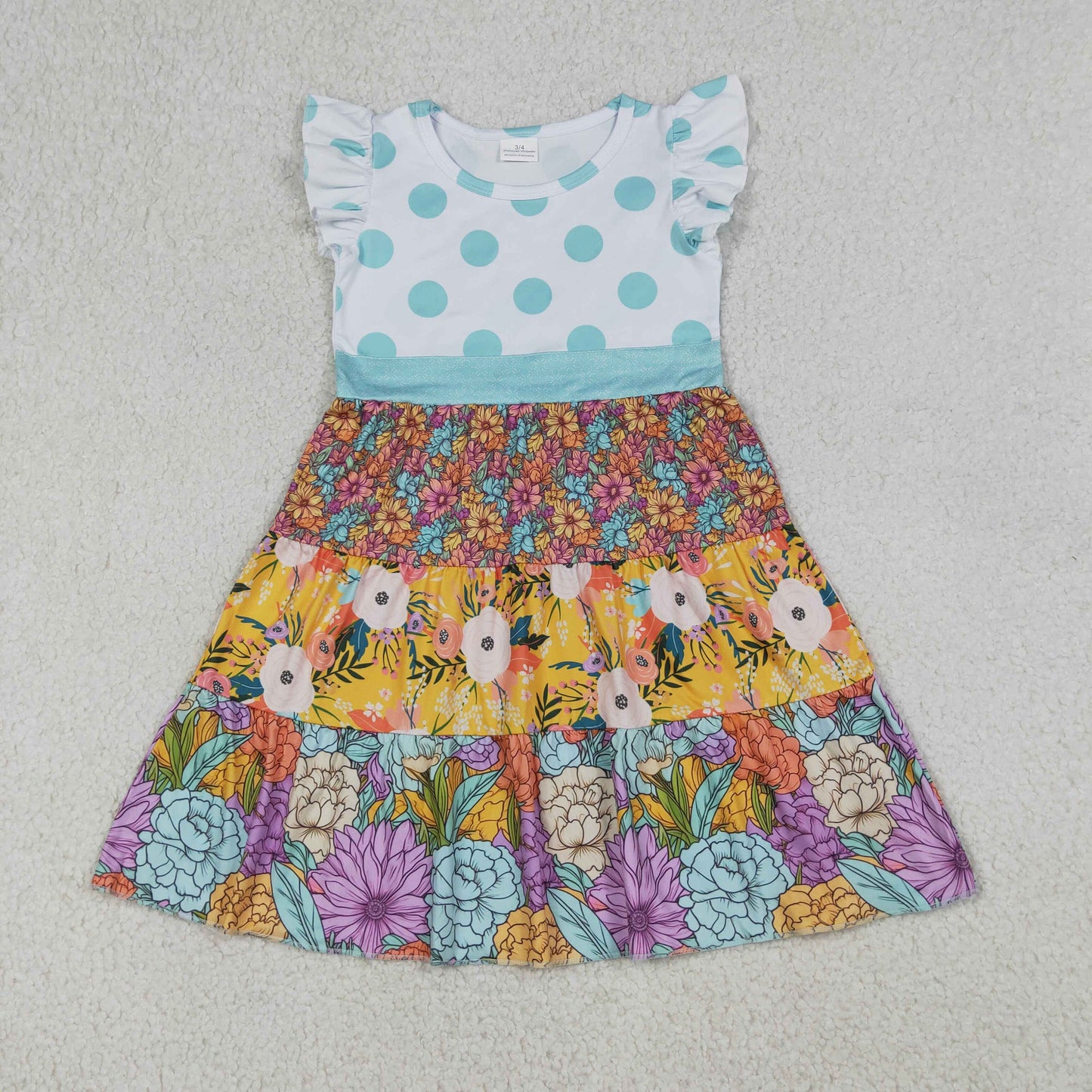 4.11 GSD4091 RTS NO MOQ （In stock ）Baby Girls Flutter Sleeve Colorful Flowers Patchwork Knee Length Dresses