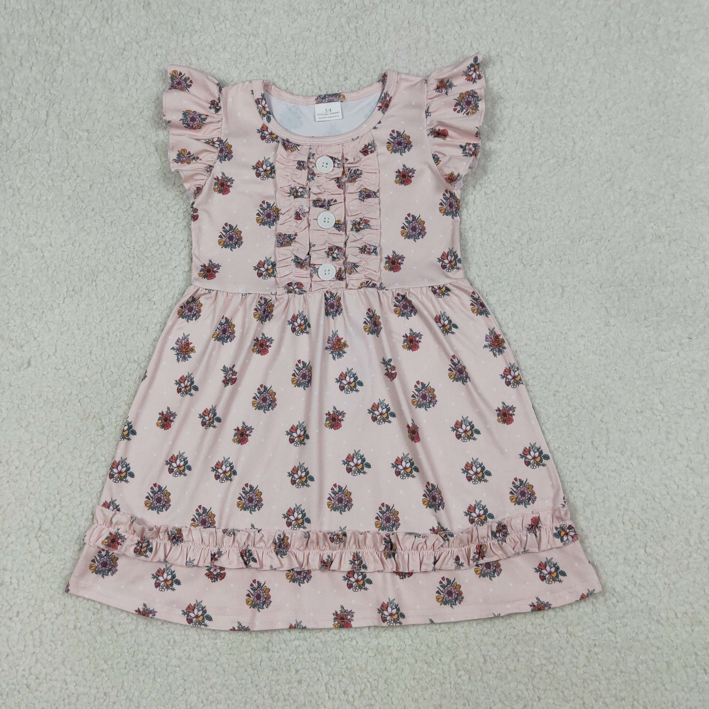 4.11  RTS NO MOQ （In stock ）Baby Girls Flutter Sleeve Flowers Button Ruffle Knee Length Dresses
