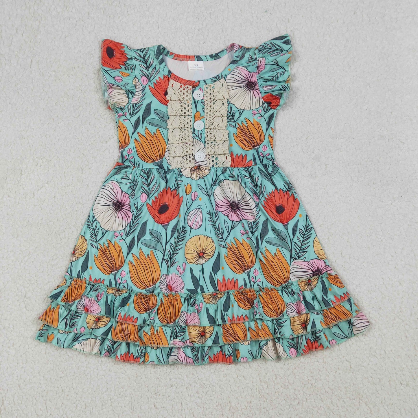 4.11  RTS NO MOQ （In stock ）Baby Girls Flutter Sleeve Flowers Button Ruffle Knee Length Dresses