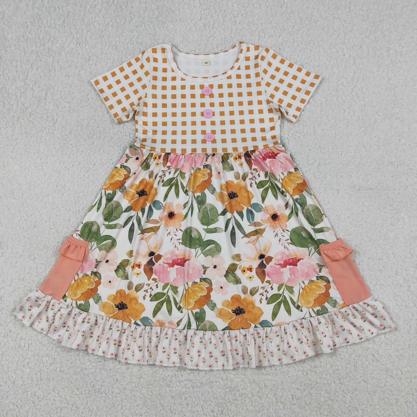4.11 GSD4095 RTS NO MOQ （In stock ）Plaid short sleeves pocket ruffle kids girls summer dress