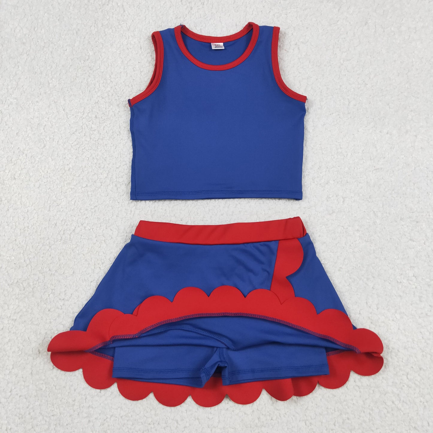 GSD4096 RTS NO MOQ （In stock）Baby Girls Red Navy Vest Top Scallop Skirt Short Yoga Active Clothes Set