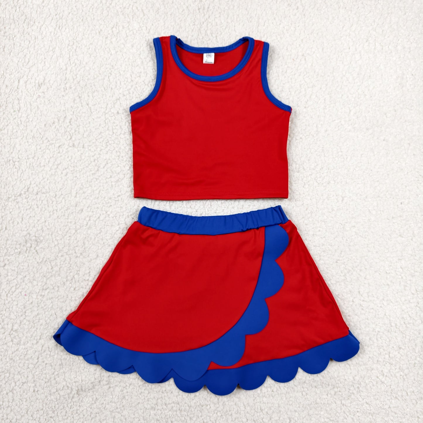 GSD4097 RTS NO MOQ （In stock）Red blue scallop top skirt girls summer active wear set
