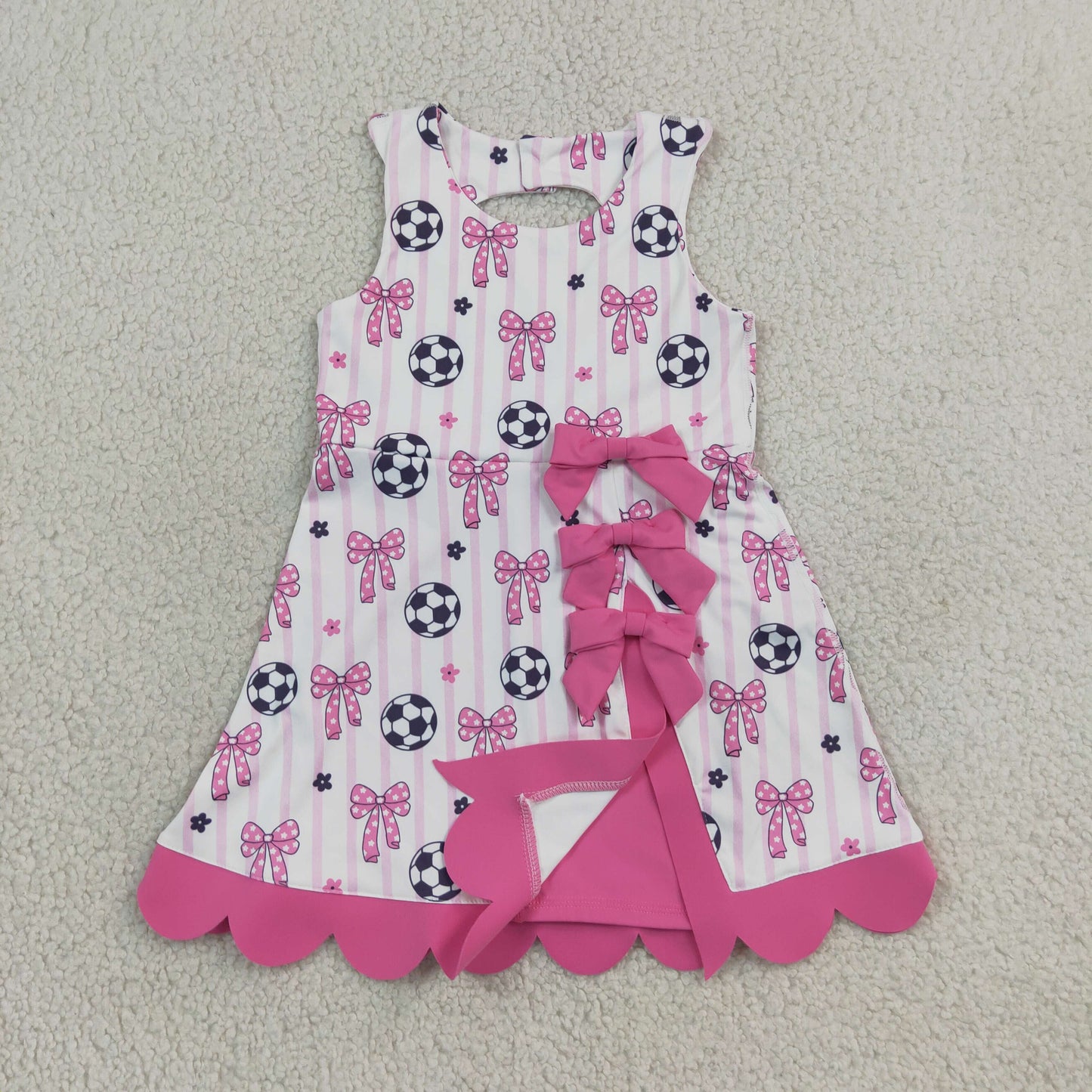 5.4 GSD4100 RTS NO MOQ （In stock） yoga fabric cotton Baby Girls Footballs Bows Team Yoga Active Short Scallop Knee Length Dress
