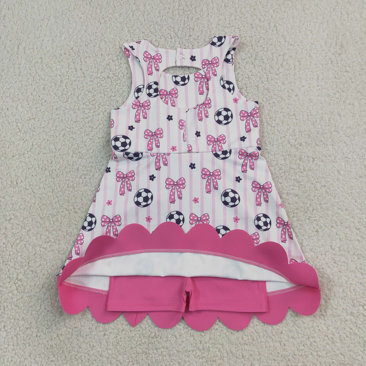 5.4 GSD4100 RTS NO MOQ （In stock） yoga fabric cotton Baby Girls Footballs Bows Team Yoga Active Short Scallop Knee Length Dress