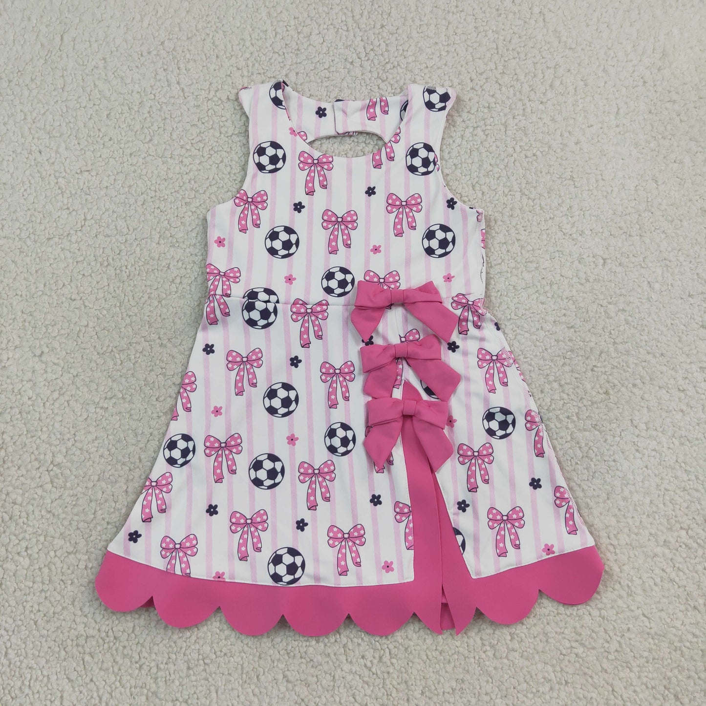 5.4 GSD4100 RTS NO MOQ （In stock） yoga fabric cotton Baby Girls Footballs Bows Team Yoga Active Short Scallop Knee Length Dress